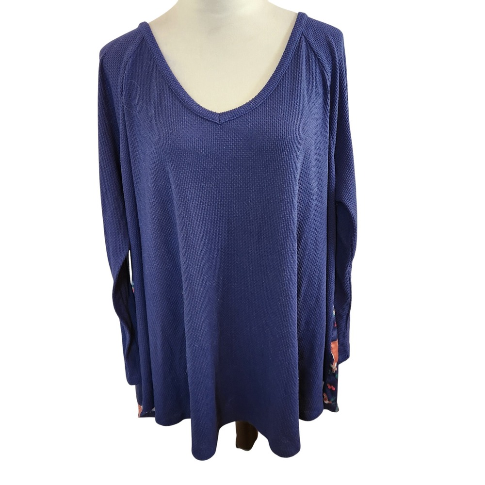 Modcloth Plus Size 4X Blue Waffle Knit Top Deer Forest Animal Print Long Sleeve